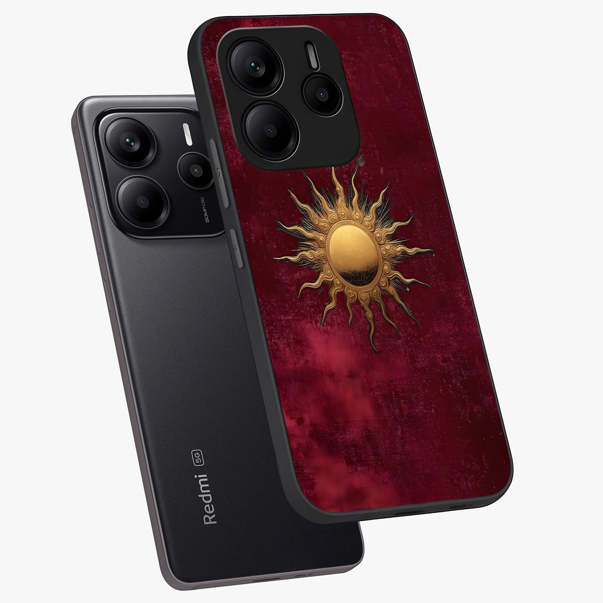 Golden Sun Minimalism Glass Case displayed in angled mockup highlighting clean sun symbol design with modern minimal aesthetic.