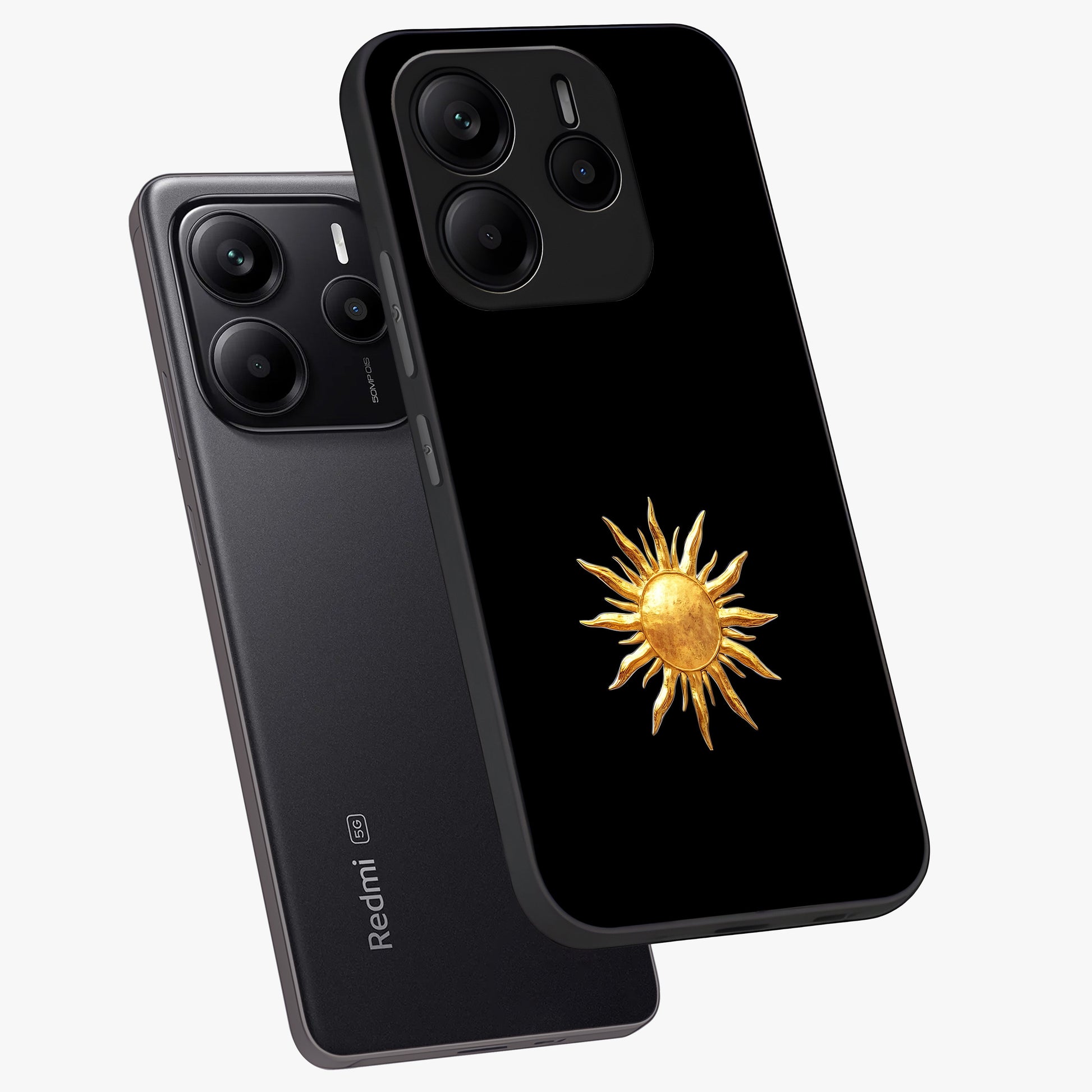 Golden Sun Minimalism Glass Case displayed in angled mockup highlighting eerie shadow illustration with gothic aesthetic.