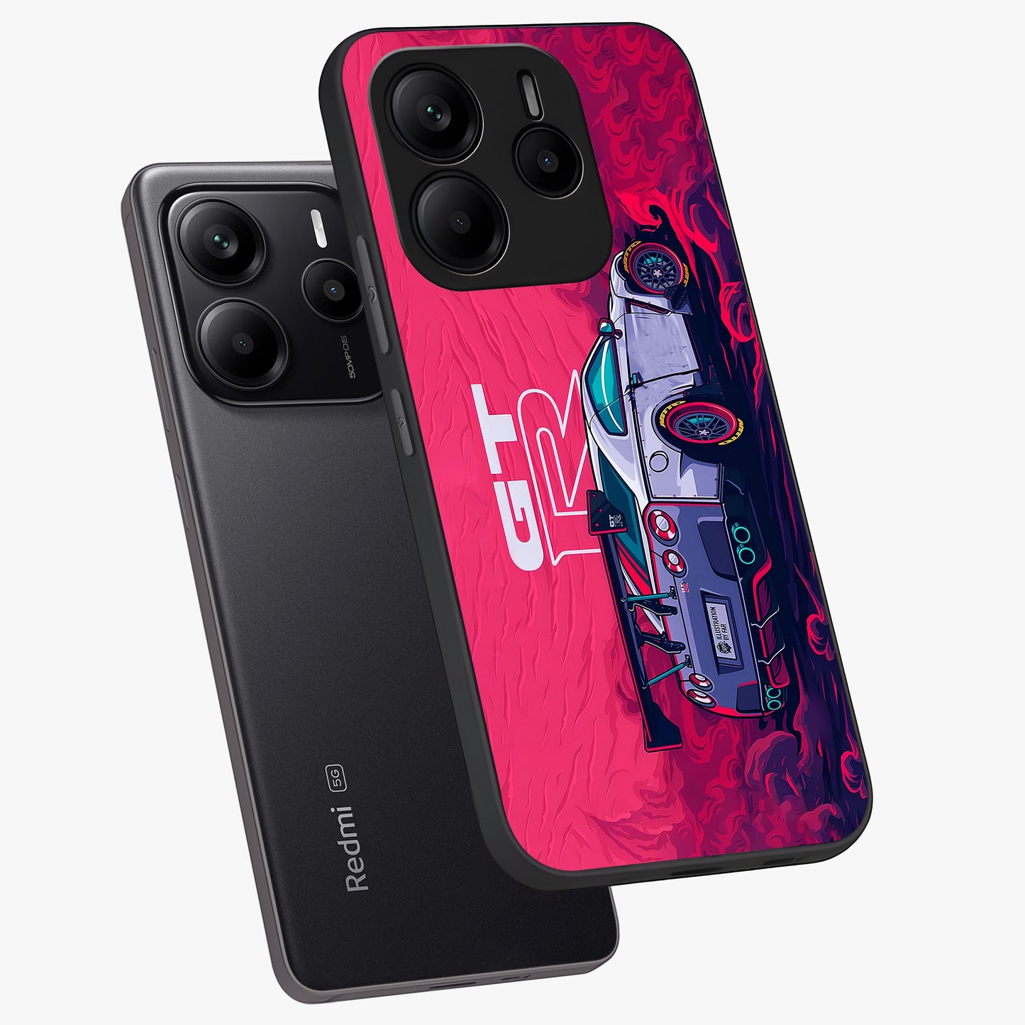 GT-R Car Pattern Glass Case displayed in angled mockup highlighting racing car graphic design with bold automotive aesthetic.