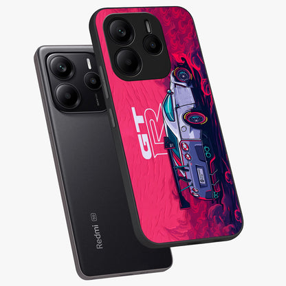 GT-R Car Pattern Glass Case displayed in angled mockup highlighting racing car graphic design with bold automotive aesthetic.