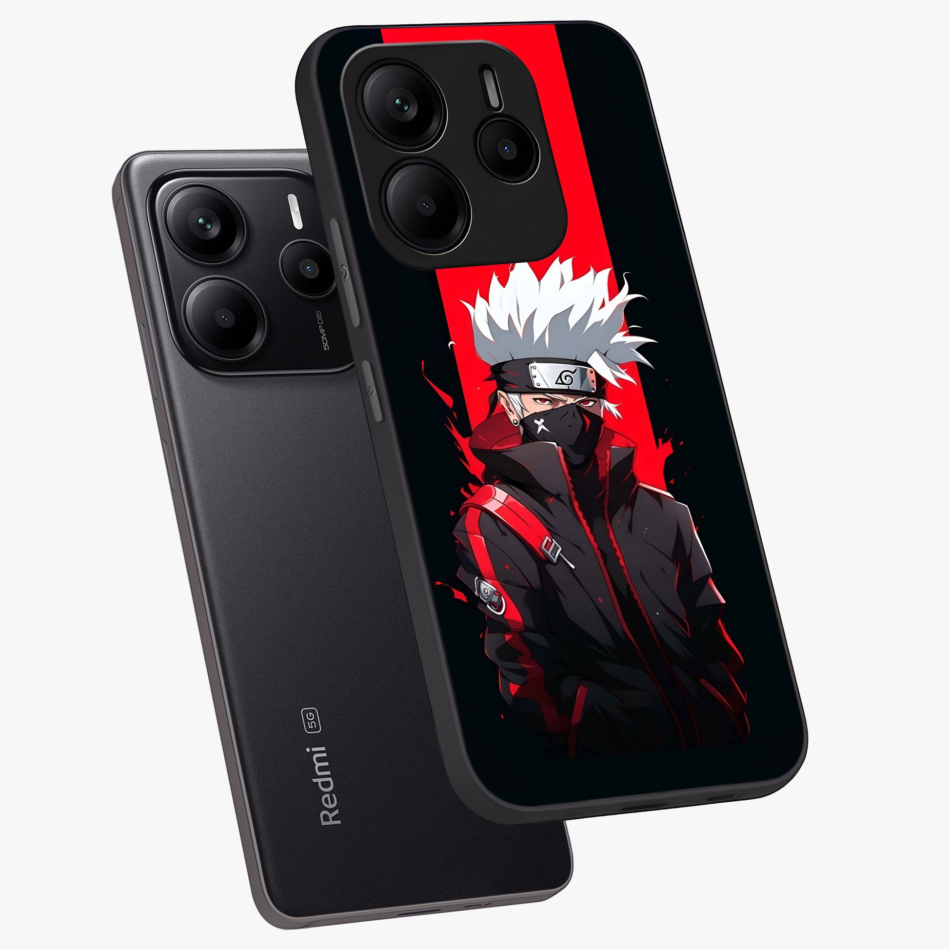 Kakashi Scarlet Shadow Glass Case displayed in angled mockup highlighting dramatic ninja illustration with scarlet themed aesthetic.