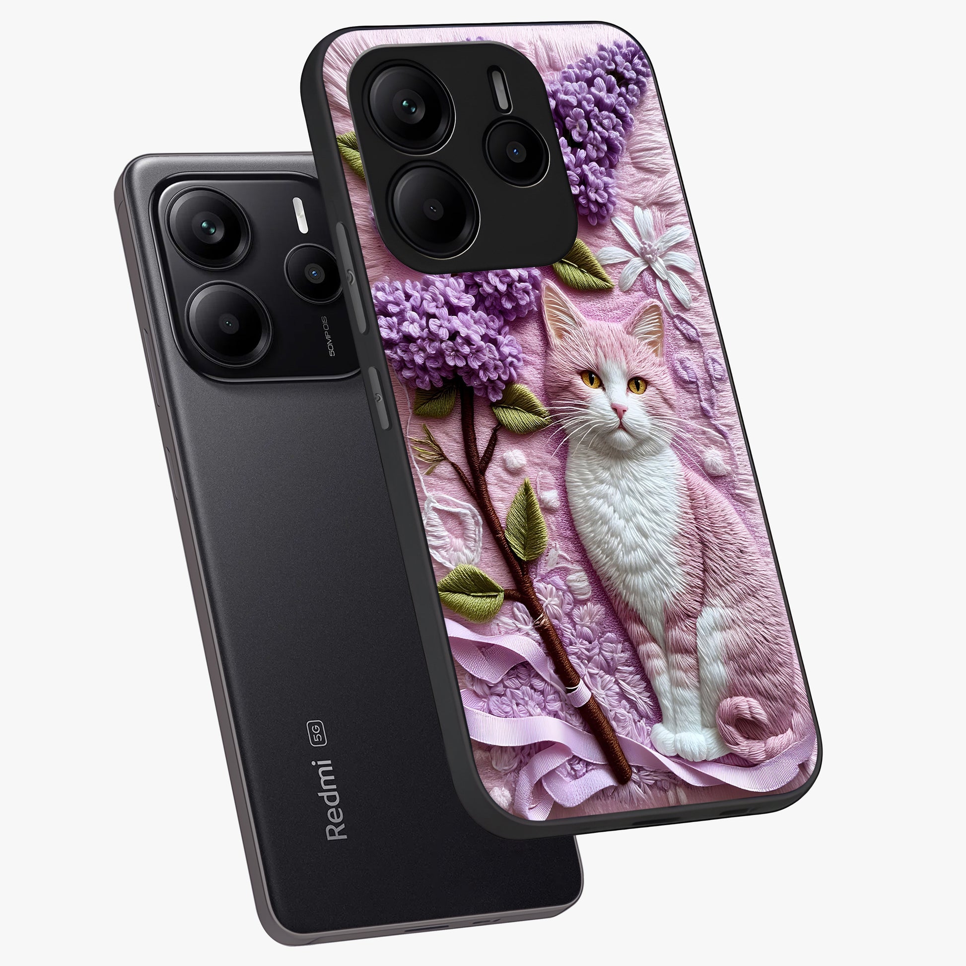 Lavender Cat Whimsy Glass Case displayed in angled mockup highlighting playful feline illustration with pastel lavender aesthetic.