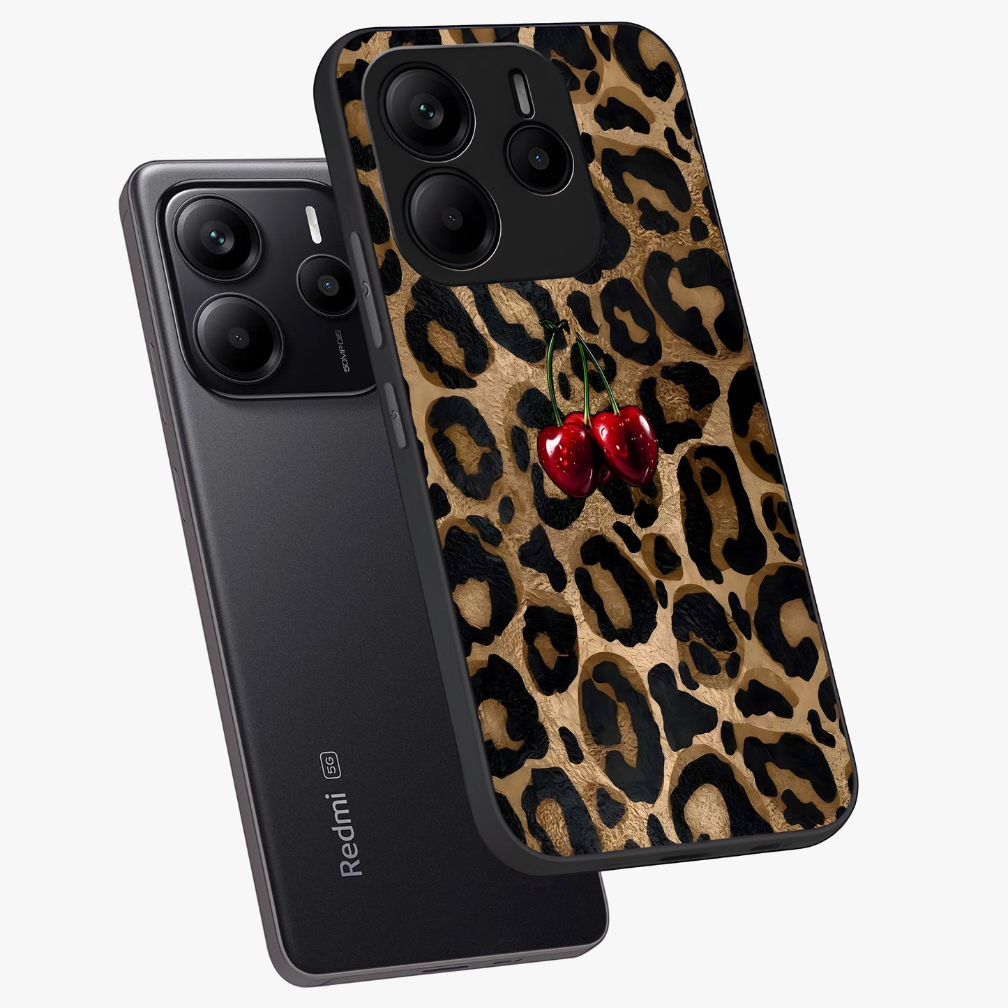 Leopard Wild Cherry Glass Case displayed in angled mockup highlighting bold animal print design with playful cherry aesthetic.