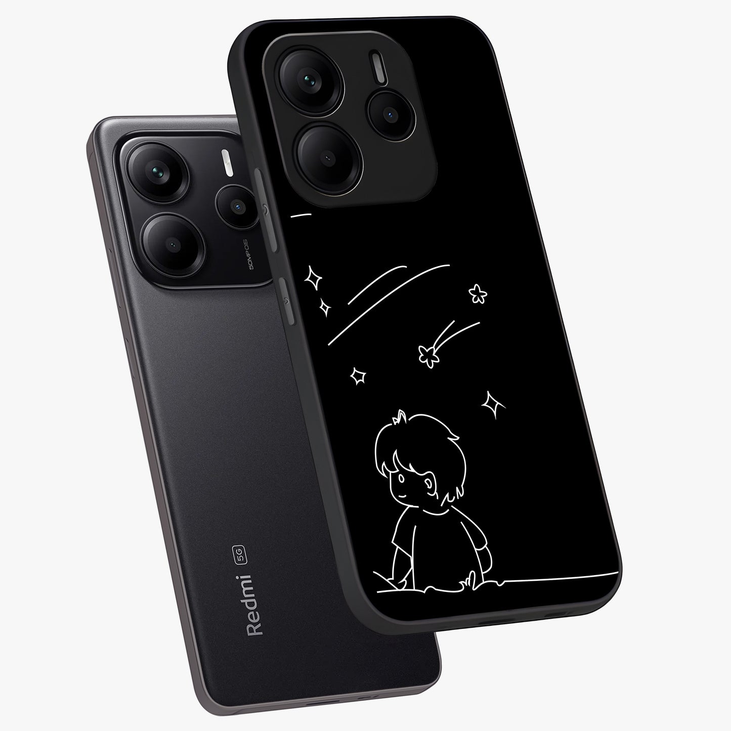 Line Art Boy With Shooting Stars Glass Case displayed in angled mockup highlighting elegant line art design with dreamy star aesthetic.