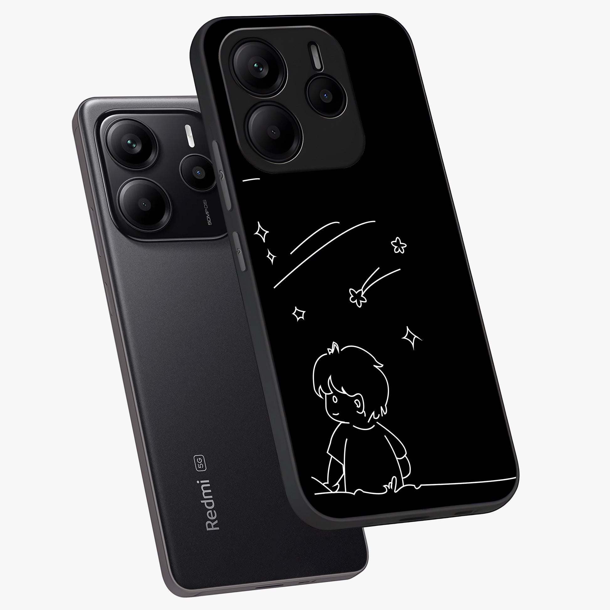 Line Art Boy With Shooting Stars Glass Case displayed in angled mockup highlighting elegant line art design with dreamy star aesthetic.
