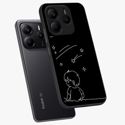 Line Art Boy With Shooting Stars Glass Case displayed in angled mockup highlighting elegant line art design with dreamy star aesthetic.
