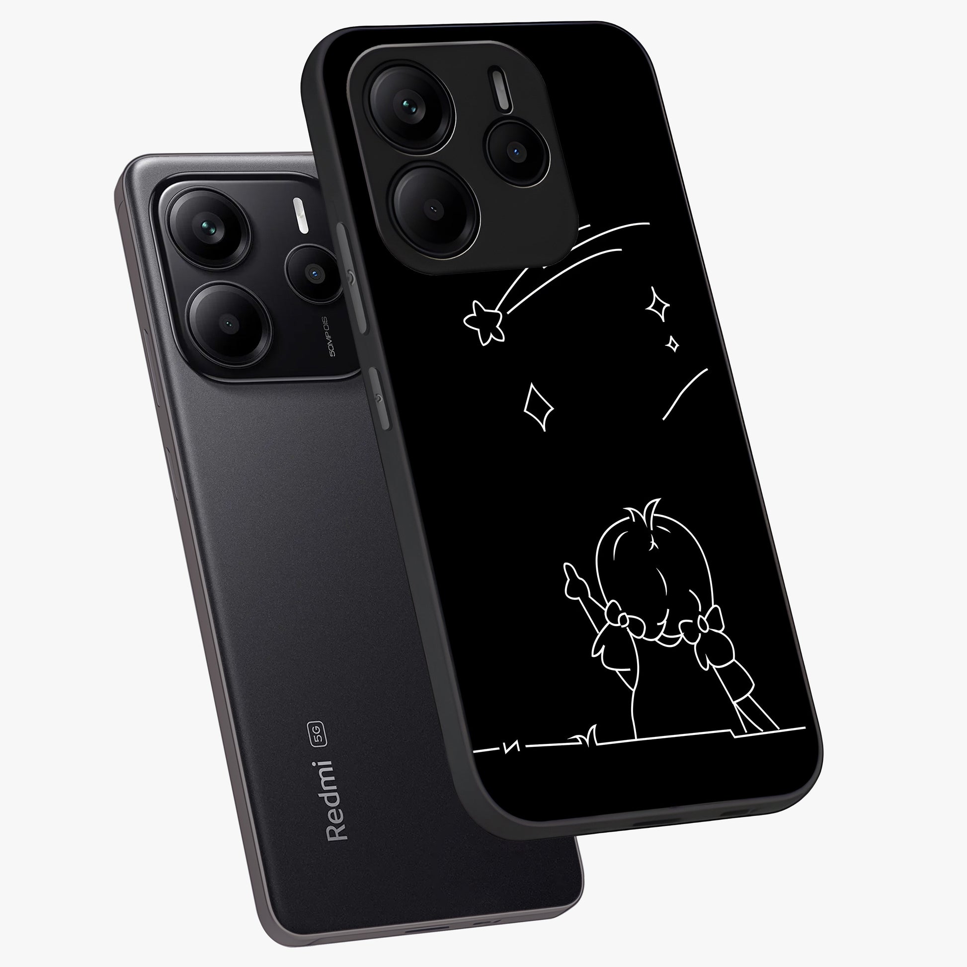 Line Art Girl With Shooting Stars Glass Case displayed in angled mockup highlighting elegant line art design with dreamy star aesthetic.
