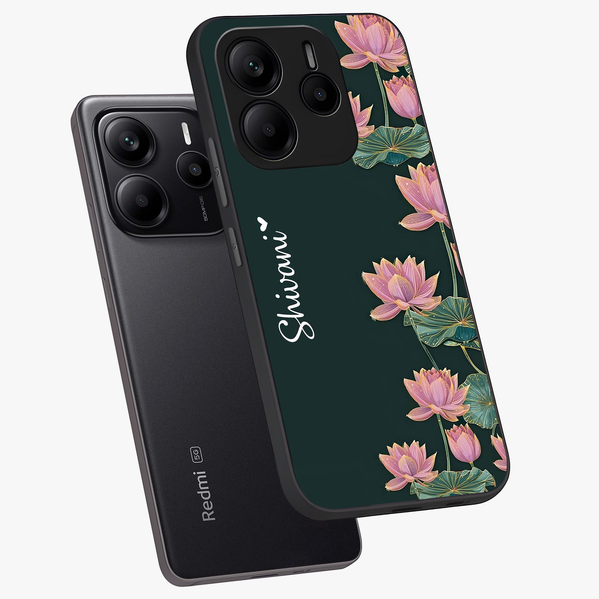Lotus Bloom Serenity Custom Name Glass Case displayed in angled mockup highlighting graceful lotus illustration with custom name feature.