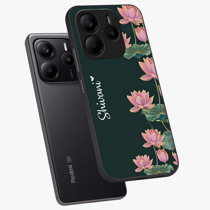 Lotus Bloom Serenity Custom Name Glass Case displayed in angled mockup highlighting graceful lotus illustration with custom name feature.