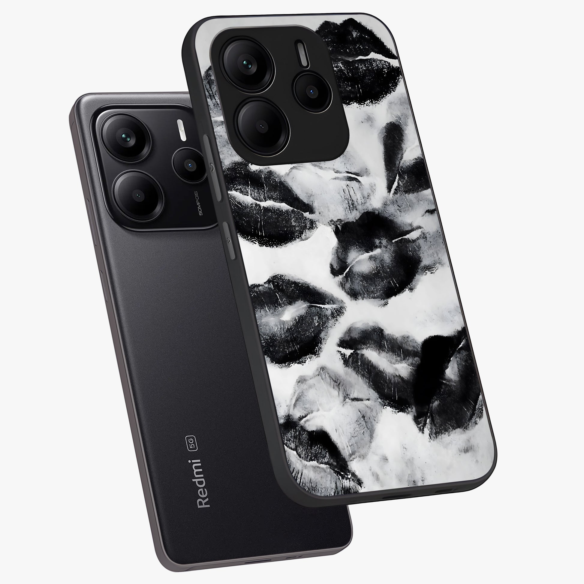 Midnight Kiss Marks Glass Case displayed in angled mockup highlighting playful romantic design with bold midnight aesthetic.
