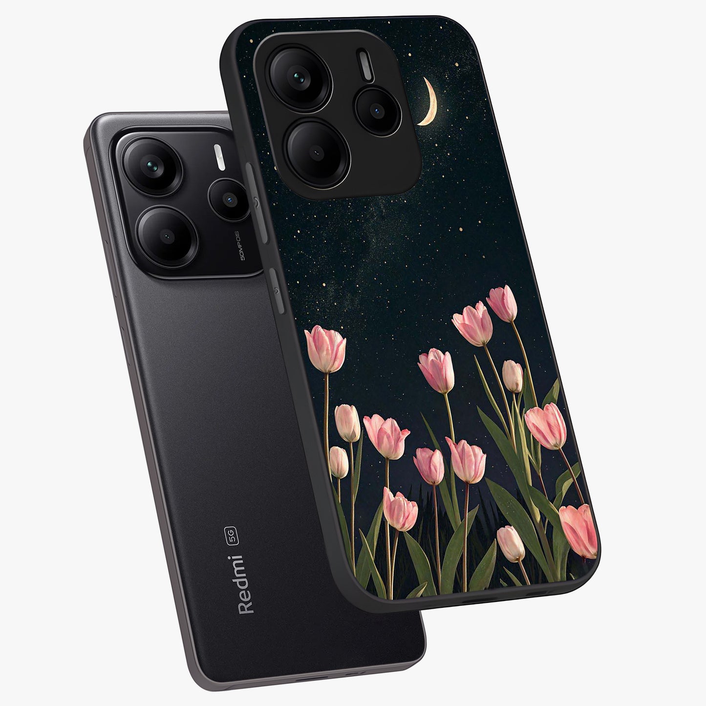Midnight Tulip Whispers Vibe Glass Case displayed in angled mockup highlighting delicate tulip design with midnight floral aesthetic.