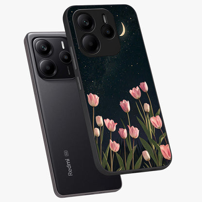 Midnight Tulip Whispers Vibe Glass Case displayed in angled mockup highlighting delicate tulip design with midnight floral aesthetic.