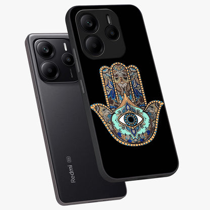 Mystic Hamsa Eye Glass Case displayed in angled mockup highlighting spiritual hamsa symbol with mystical aesthetic style.