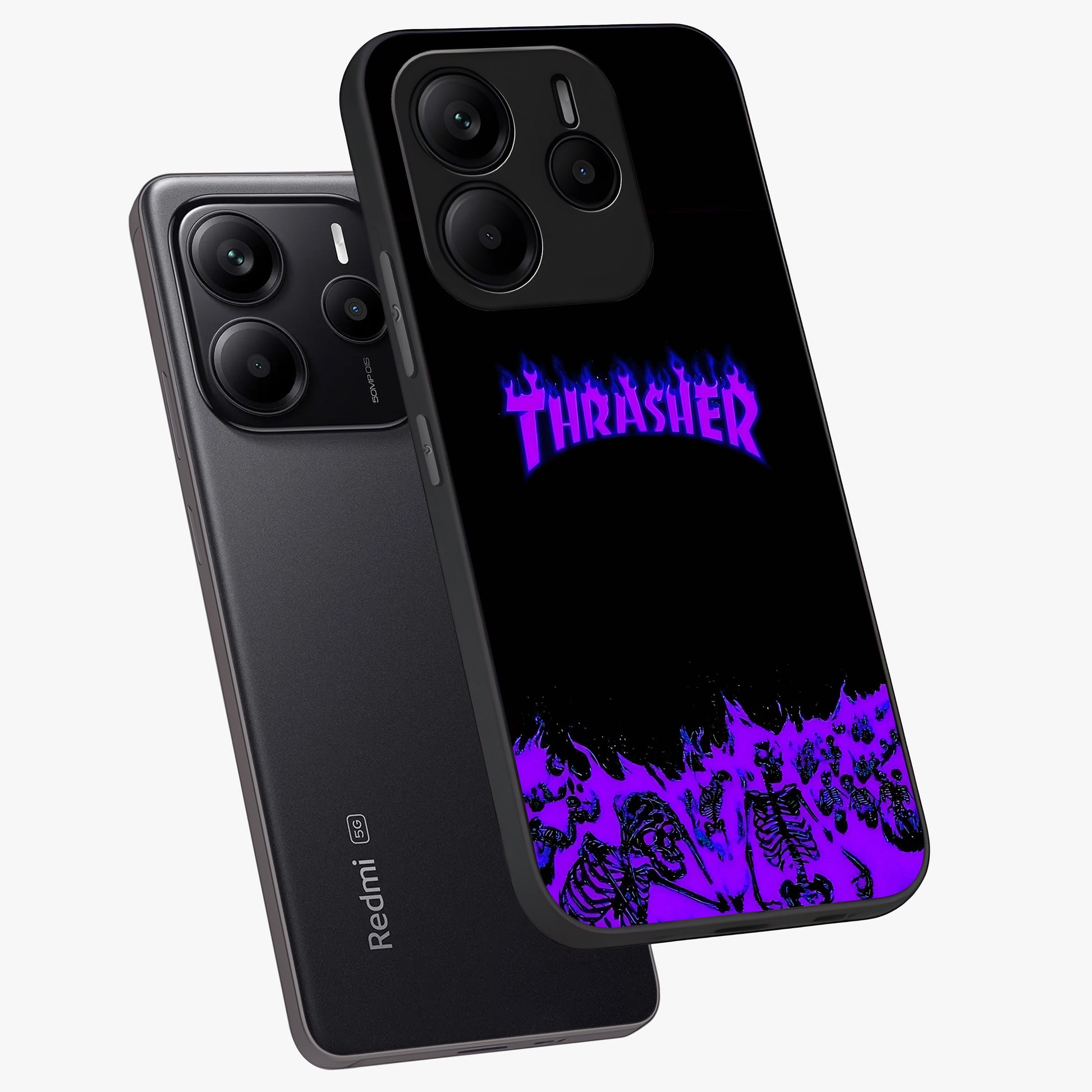 Neon Flame Riot Glass Case displayed in angled mockup highlighting glowing flame design with vibrant neon aesthetic.