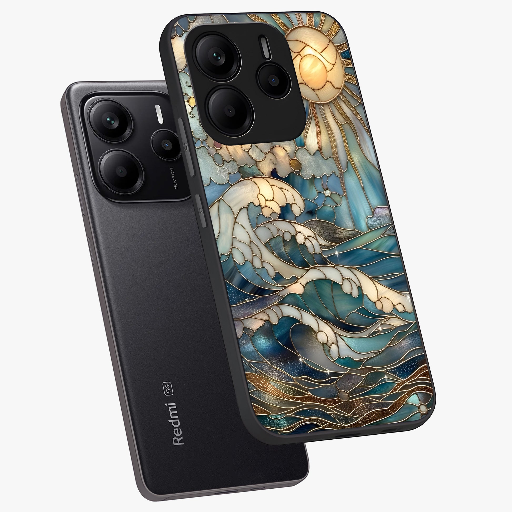 Oceanic Stained Printed Glass Case displayed in angled mockup highlighting colorful aquatic design with artistic aesthetic style.