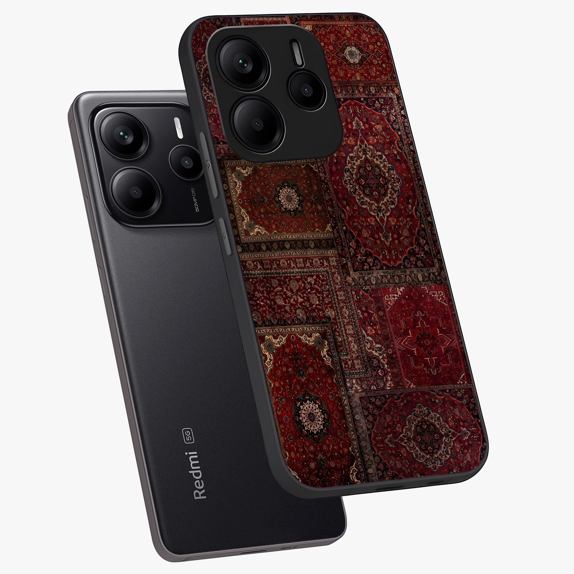 Persian Velvet Tale Glass Case displayed in angled mockup highlighting ornate textile inspired design with royal aesthetic.