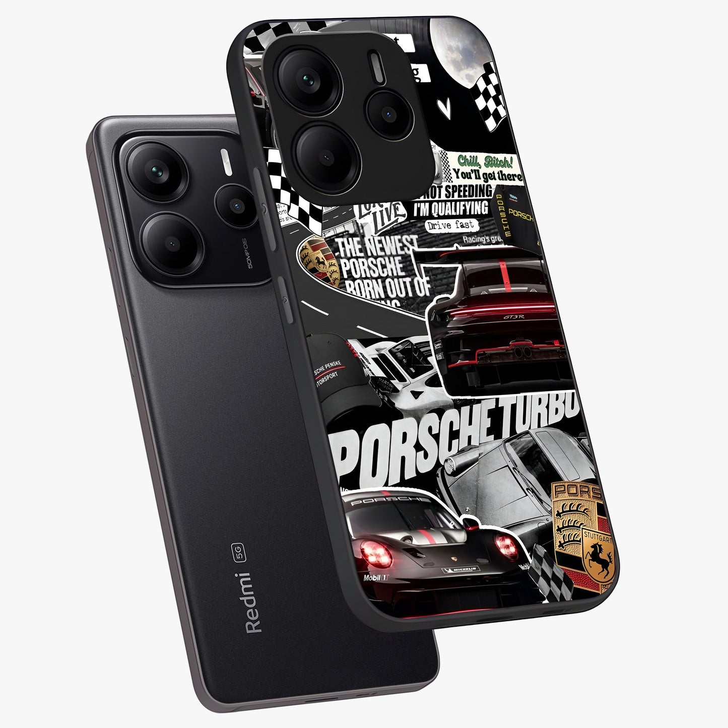 Porsche Racing Collage Glass Case displayed in angled mockup highlighting dynamic automotive design with bold racing aesthetic.
