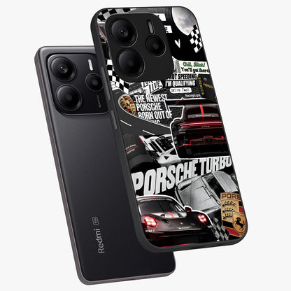 Porsche Racing Collage Glass Case displayed in angled mockup highlighting dynamic automotive design with bold racing aesthetic.