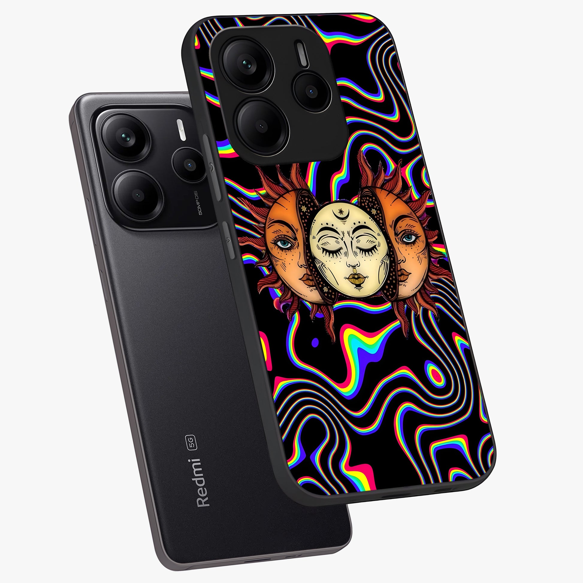 Psychedelic Sun Glass Case displayed in angled mockup highlighting vibrant abstract sun design with artistic aesthetic style.