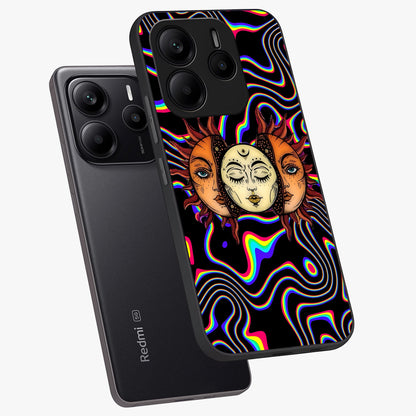 Psychedelic Sun Glass Case displayed in angled mockup highlighting vibrant abstract sun design with artistic aesthetic style.