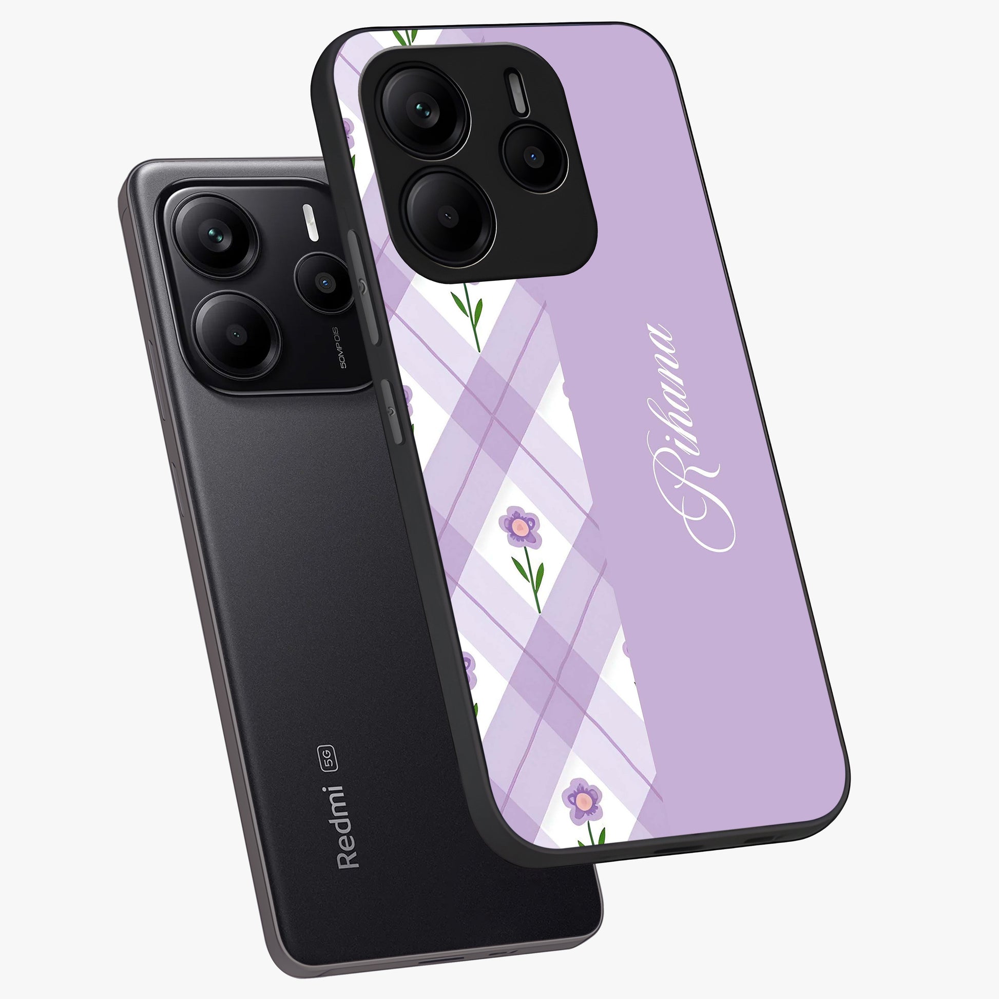 Purple Diamond Floral Glass Case displayed in angled mockup highlighting elegant purple flower design with decorative pattern.