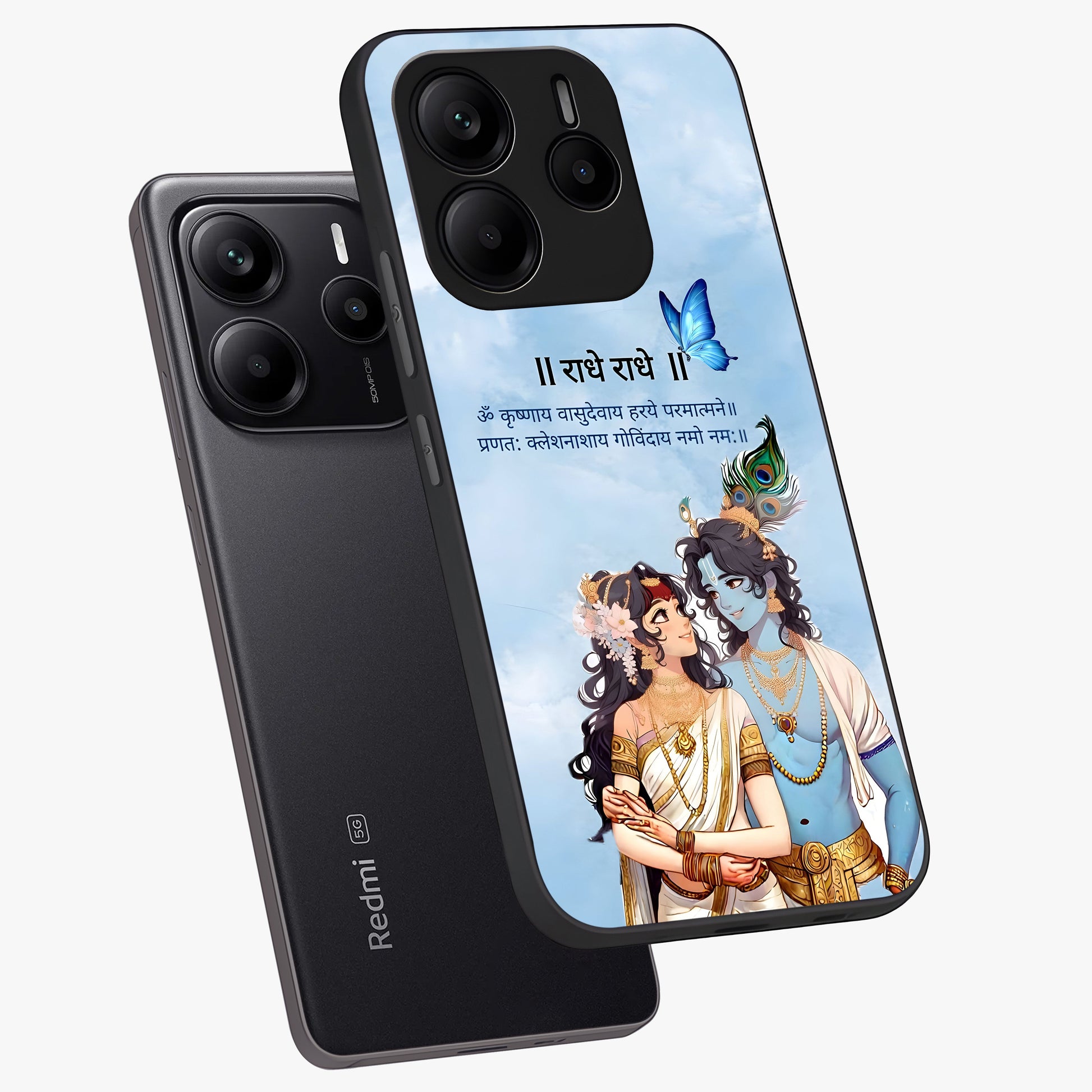 Radha Krishna Eternal Glass Case displayed in angled mockup highlighting divine Radha Krishna illustration with spiritual aesthetic.