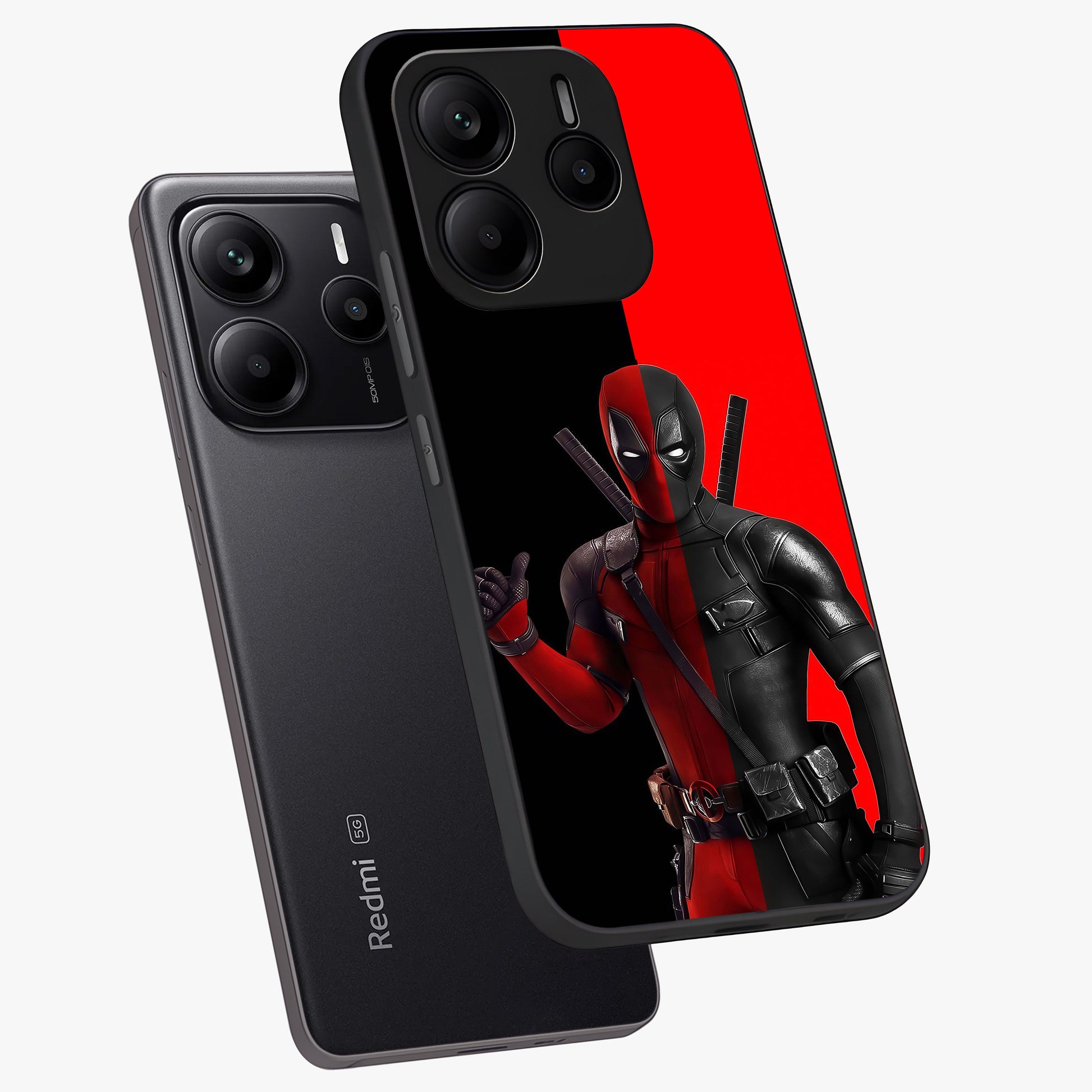 Red & Black Deadpool Theme Glass Case displayed in angled mockup highlighting vibrant superhero style illustration with action aesthetic.