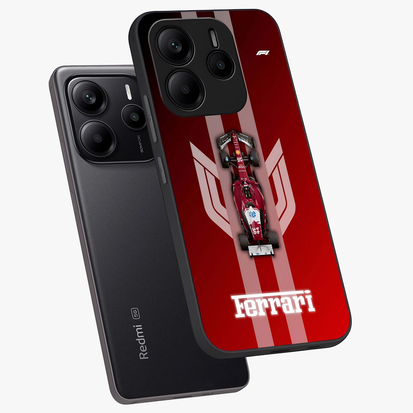 Red Ferrari F1 Vertical Glass Case displayed in angled mockup highlighting high speed racing design with bold automotive aesthetic.