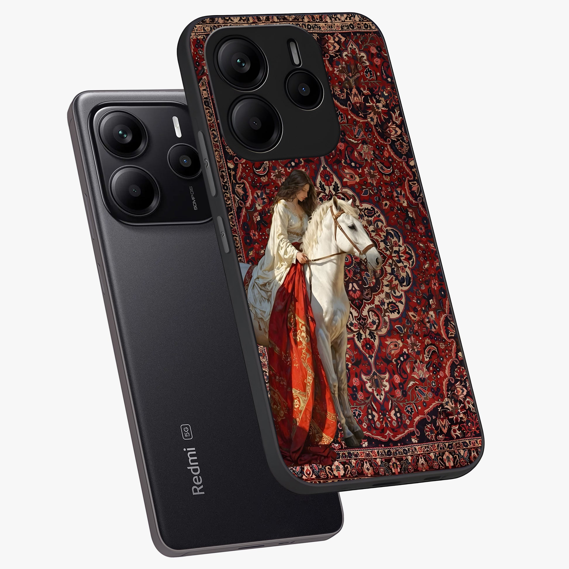 Royal Rider Tapestry Glass Case displayed in angled mockup highlighting traditional tapestry design with royal heritage aesthetic.
