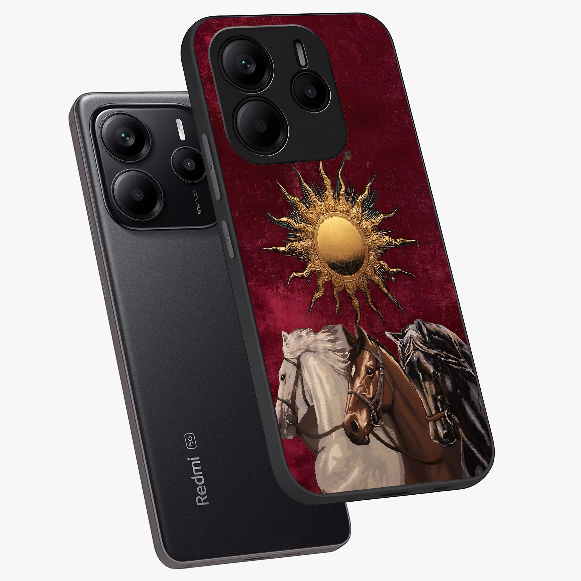Solar Riders Glass Case displayed in angled mockup highlighting powerful rider illustration with radiant solar aesthetic.