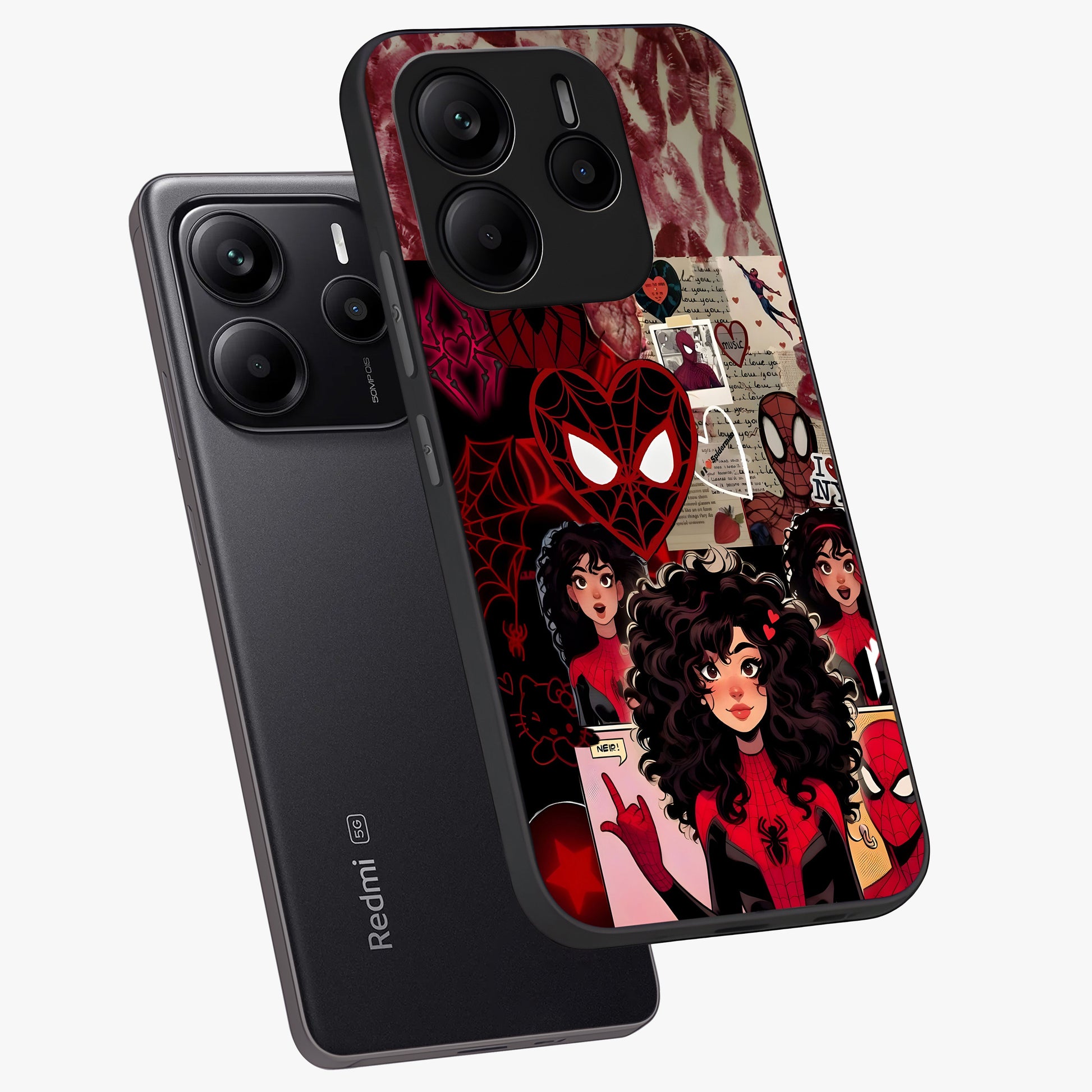 Spider Love Story Glass Case displayed in angled mockup highlighting expressive comic inspired design with playful aesthetic.