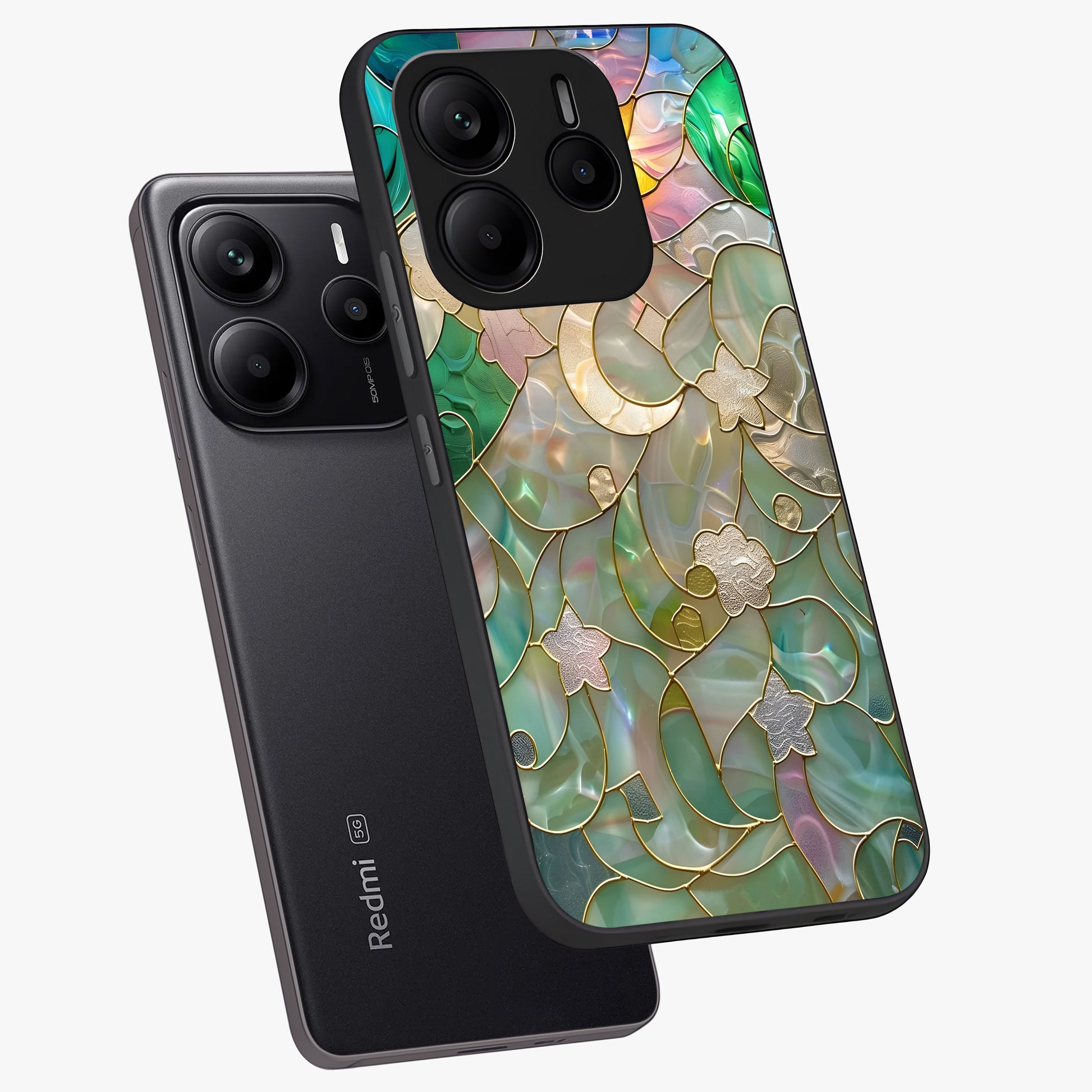 Stained Sunrise Glow Glass Case displayed in angled mockup highlighting radiant sunrise design with artistic aesthetic style.