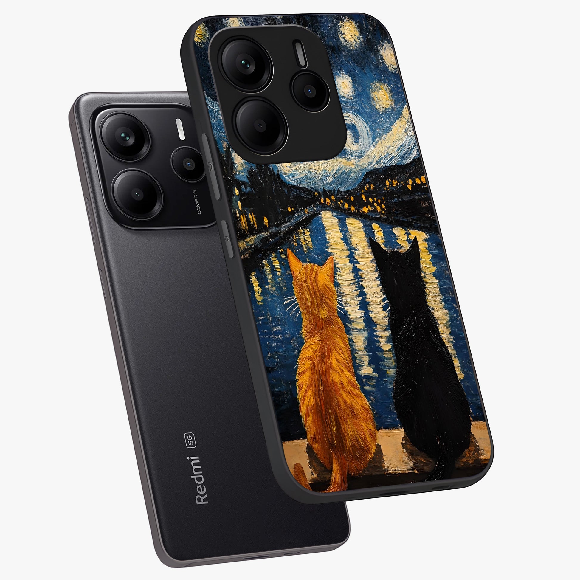 Starry River Cats Glass Case displayed in angled mockup highlighting charming feline illustration with dreamy night aesthetic.