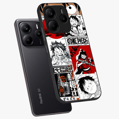 Strawhat Chaos Panels Glass Case displayed in angled mockup highlighting vibrant anime collage design with action aesthetic.