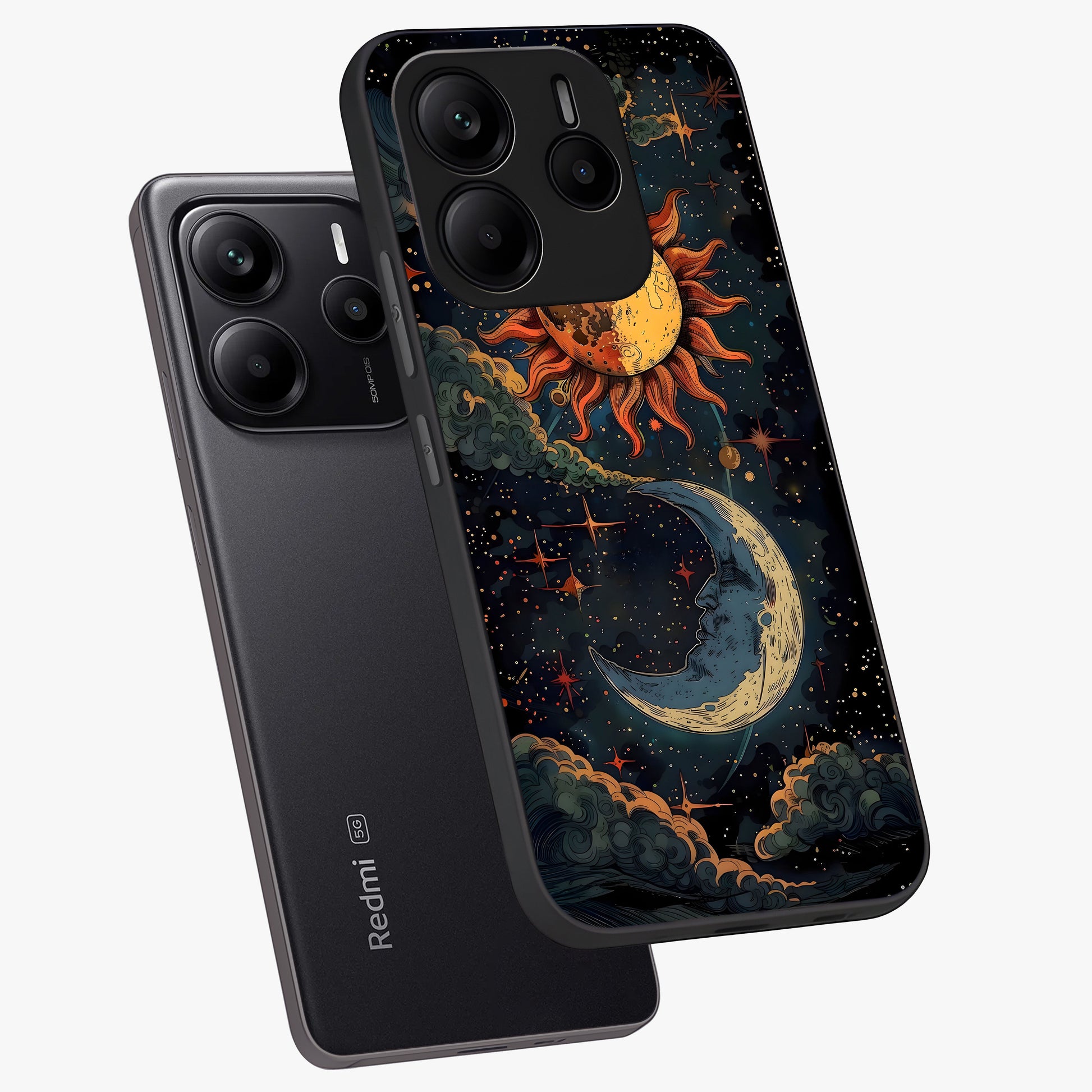 Sun And Moon Magic Design Glass Case displayed in angled mockup highlighting celestial design with magical cosmic aesthetic.