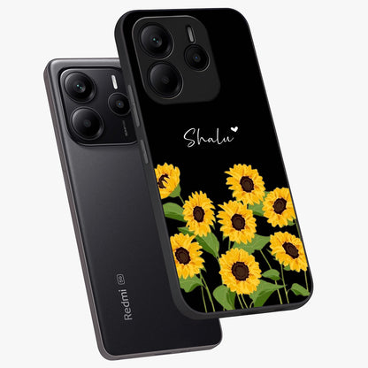 Sunflower Chic Mood Custom Name Glass Case displayed in angled mockup highlighting vibrant sunflower design with custom name feature.