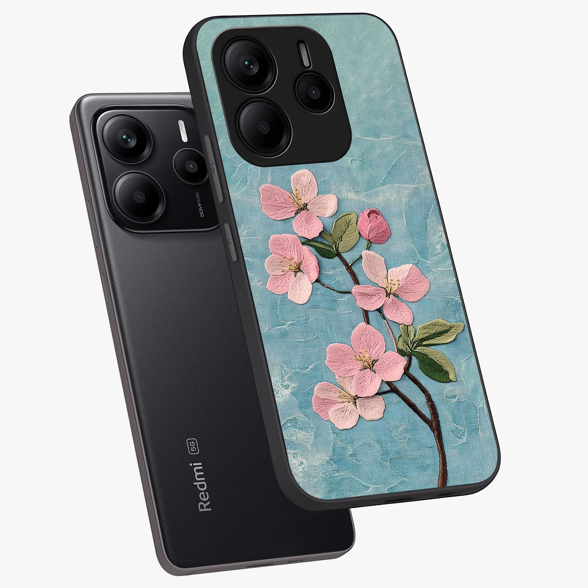 Threaded Blossom Breeze Glass Case displayed in angled mockup highlighting elegant floral design with soft aesthetic style.