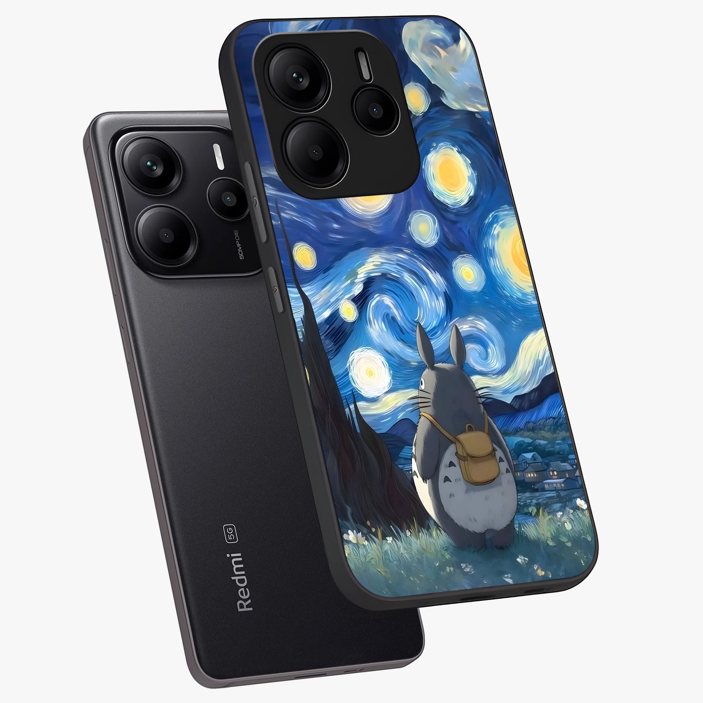 Totoro In Van Gogh Art Glass Case displayed in angled mockup highlighting artistic swirling sky design with playful animation aesthetic.