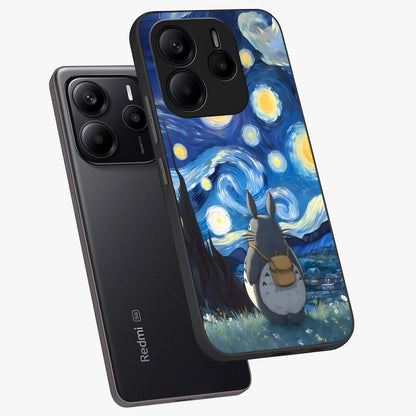 Totoro In Van Gogh Art Glass Case displayed in angled mockup highlighting artistic swirling sky design with playful animation aesthetic.