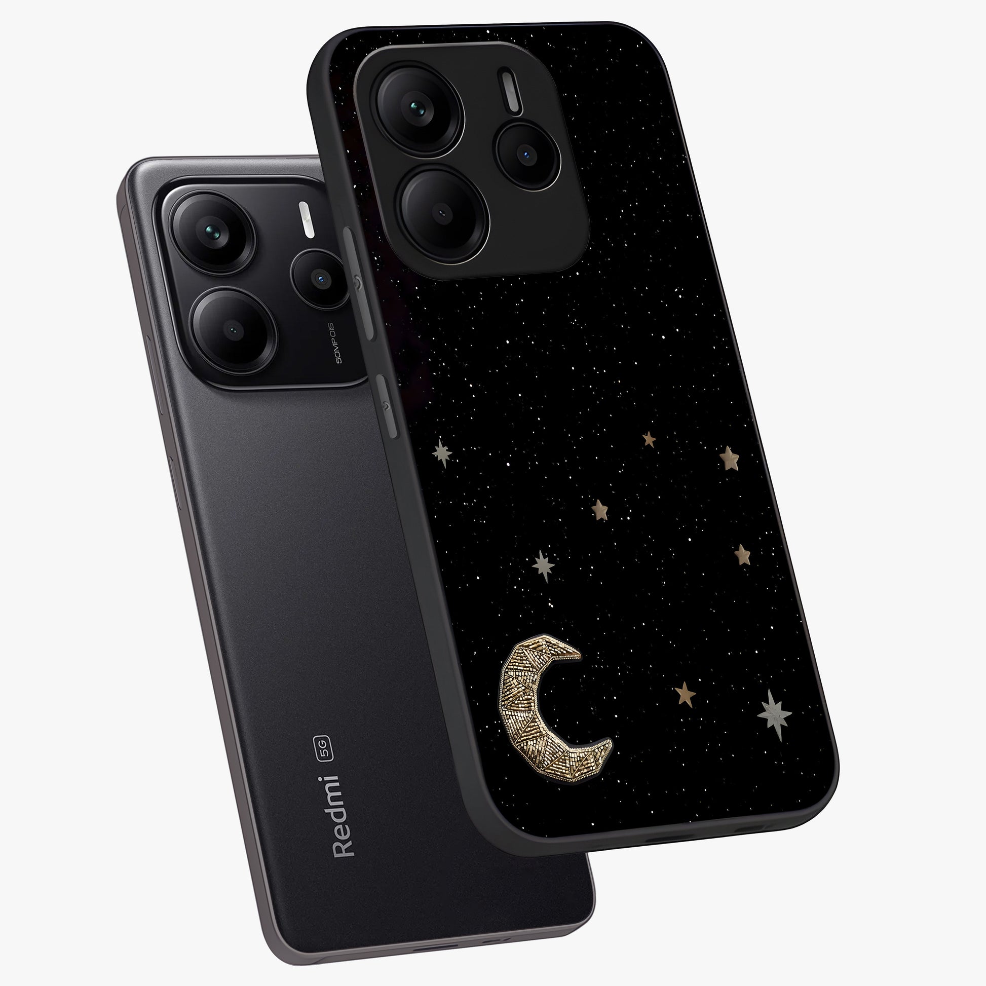 Twinkle Star With Half Moon Glass Case displayed in angled mockup highlighting celestial moon and star design with magical aesthetic.