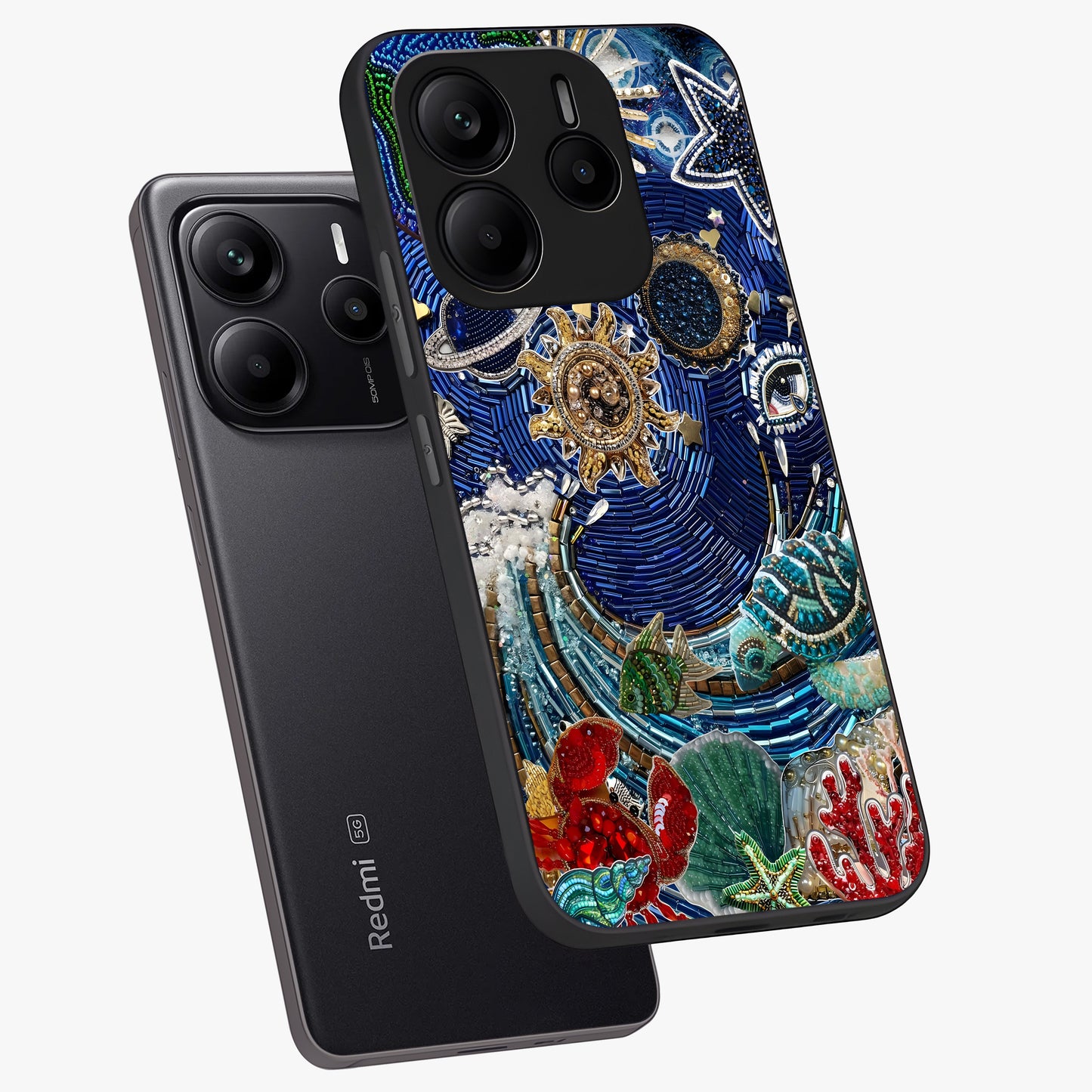 Universe Underwater Spark Glass Case displayed in angled mockup highlighting glowing aquatic design with celestial aesthetic.
