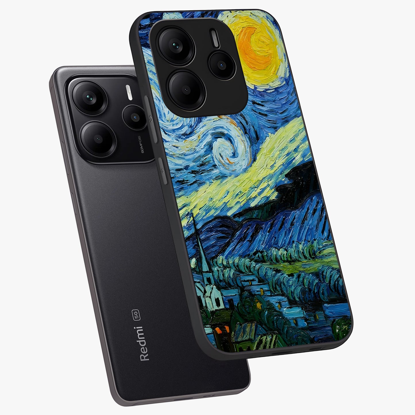 Van Gogh Art Glass Case displayed in angled mockup highlighting swirling brushstroke design with artistic aesthetic.