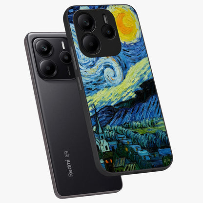 Van Gogh Art Glass Case displayed in angled mockup highlighting swirling brushstroke design with artistic aesthetic.