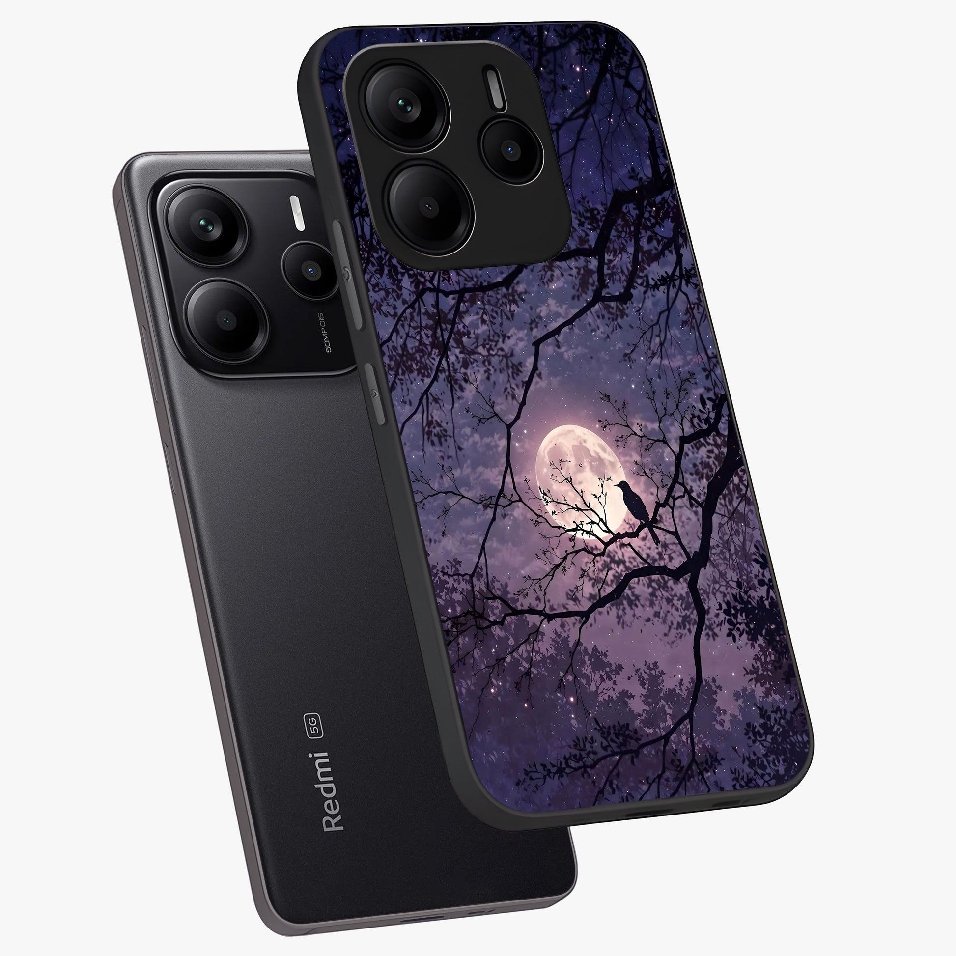 Whispering Moon Silence Glass Case displayed in angled mockup highlighting calm lunar design with dreamy night aesthetic.