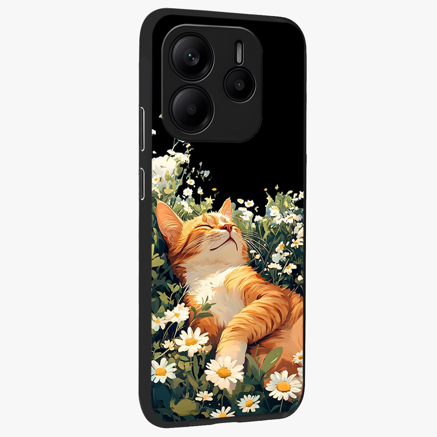 Blissful Bloom Cat Glass Case upright view showcasing charming cat design surrounded by blooming floral elements.
