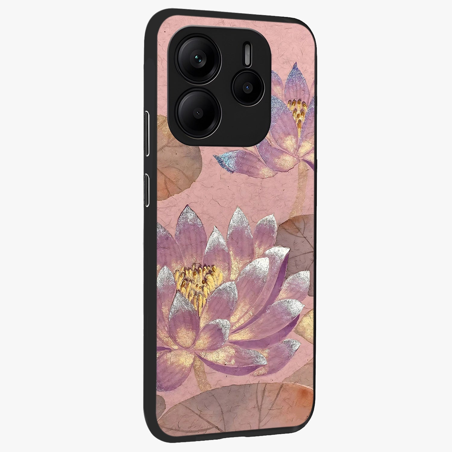 Blossom Mist Lotus Glass Case upright view showcasing graceful lotus flower design with peaceful botanical style.