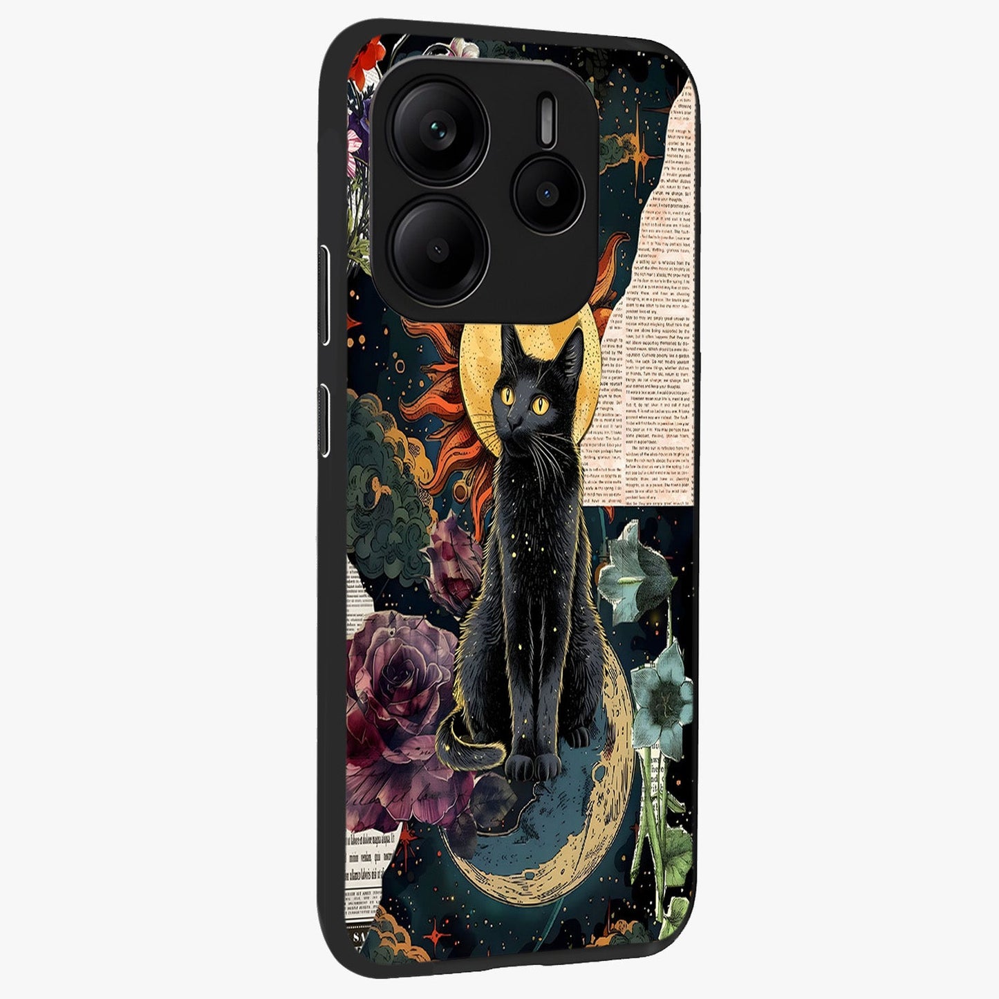 Celestial Black Cat Glass Case upright view showcasing magical black cat illustration with starry cosmic theme.