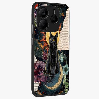 Celestial Black Cat Glass Case upright view showcasing magical black cat illustration with starry cosmic theme.