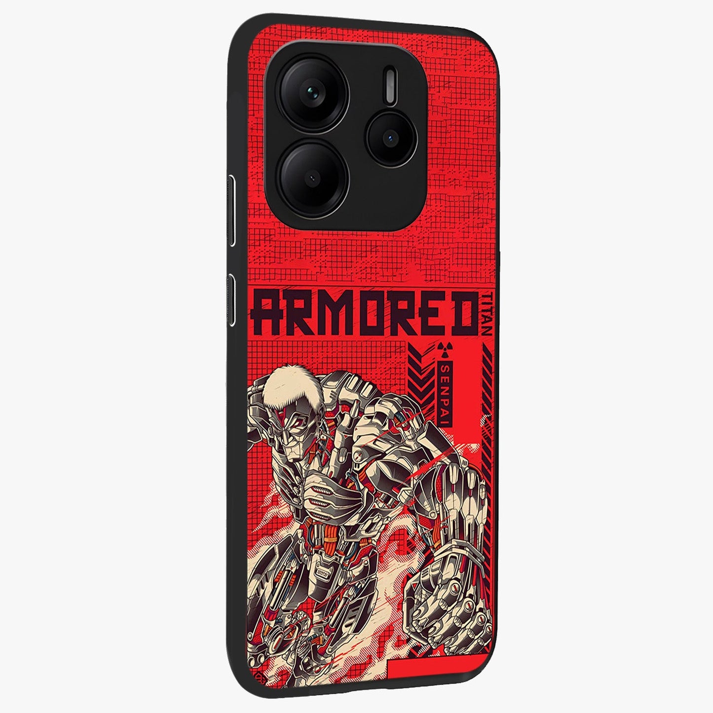 Crimson Mecha Titan Glass Case upright view showcasing dynamic robotic titan design with sci-fi inspired theme.