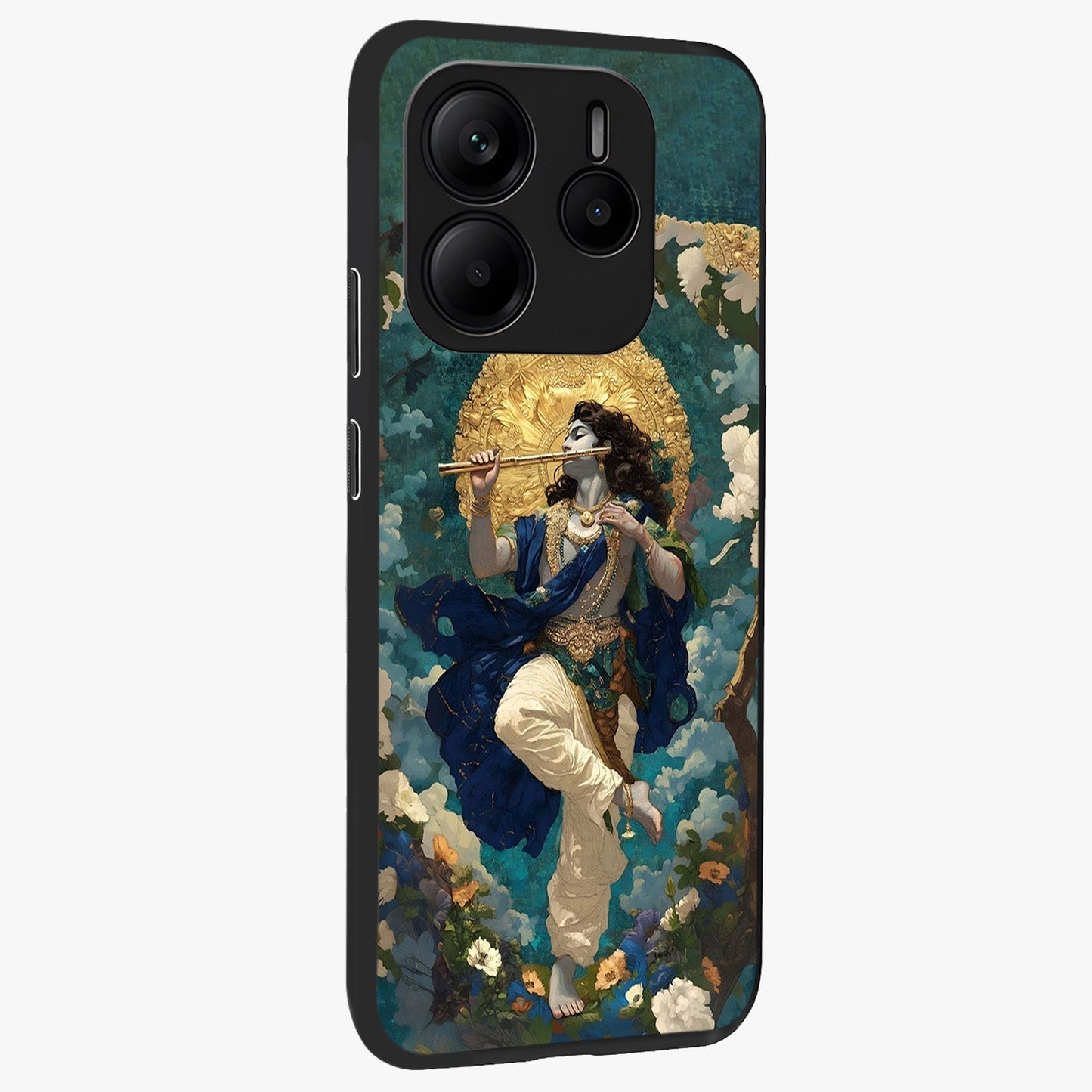 Divine Krishna Art Glass Case upright view showcasing divine Krishna artwork with sacred artistic theme.